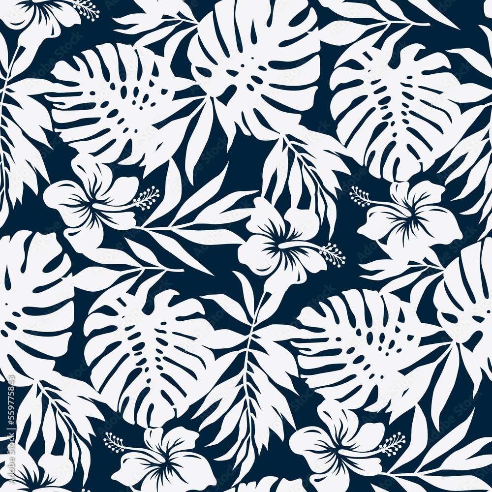 Hibiscus flowers tropical palm monstera leaves wallpaper Hawaiian style vector floral seamless pattern