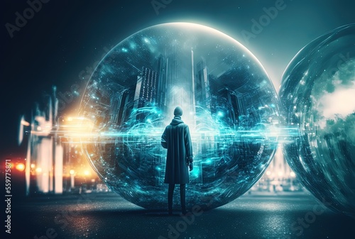 illustration of a person standing in front of futuristic power gate that open to other dimension other world or unknown place with urban landscape