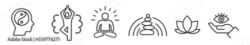 Meditation Practice, Mindfulness and Yoga icons set - thin line icon collection on white background - vector illustration