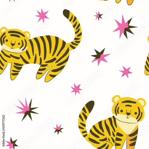 Cute vector seamless pattern with tiger and floral elements. Cartoon beautiful background.