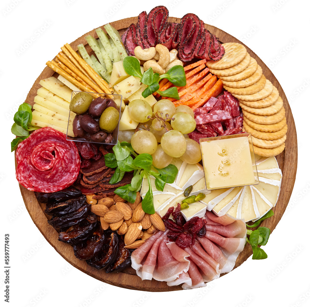 Appetizers boards with assorted cheese, meat, grape and nuts