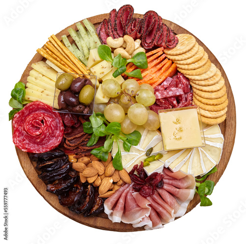 Appetizers boards with assorted cheese, meat, grape and nuts. Charcuterie and cheese platter. Top view on transparent background