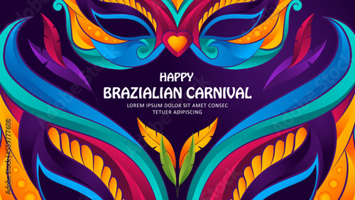 Brazilian carnival party banner, colorful mask and feather illustration with blue and purple background  