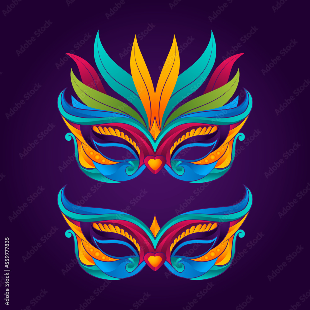 Naklejka premium Carnival Masks Decorated With bright colorful Feathers vector illustration
