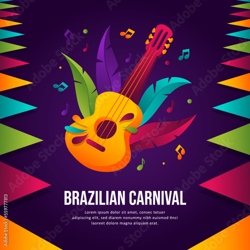 Brazilian carnival purple background with colorful guitar and feather illustration 