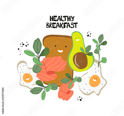 Funny cartoon characters food for Breakfast. Happy fried eggs, avocado, toast, bread, salmon. Products for a healthy Breakfast. Hand drawn vector characters for kids poster, banner, print design