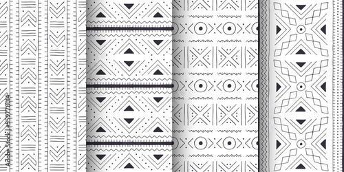 Set of white and black tribal patterns. Traditional Malian cloth with geometric ornament.