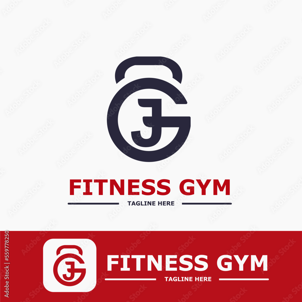 Modern Monogram Fitness Gym Sport Logo Idea Template with Kettlebell and Initial J Letter Modern Monogram Fitness Gym Sport Logo Idea Template with Kettlebell and Initial J Letter