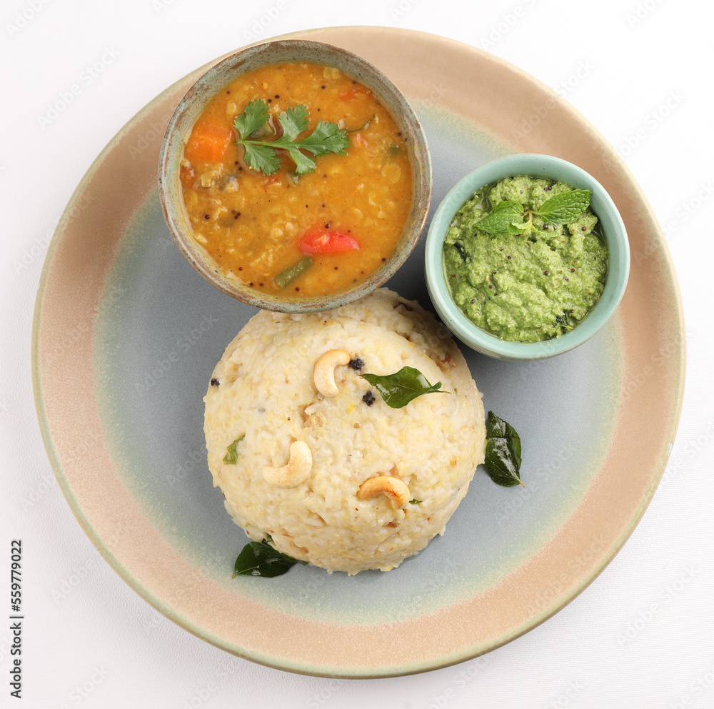 Ven Pongal Khara Pongal with Sambar coconut Chutney popular Indian ...