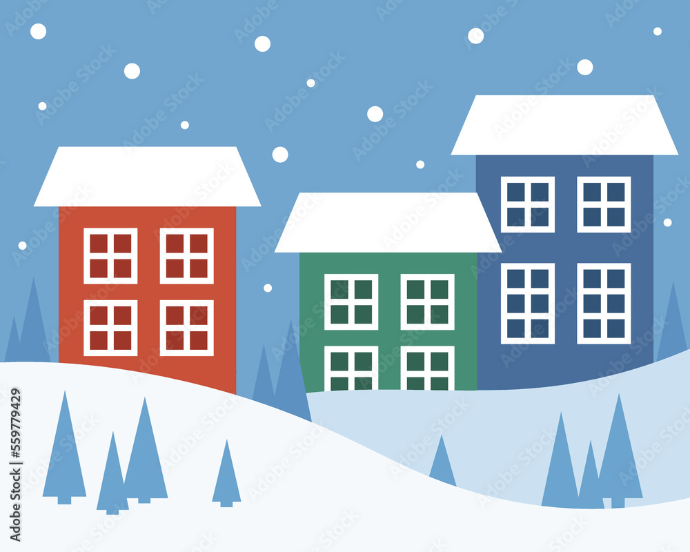 Winter town. Multi-storey buildings and snow-covered fields. Vector illustration.