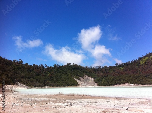 A View of Karaha White Crater or Kawah Karaha Bodas in the morning, known as an area of ​​natural gas utilization in Tasikmalaya West Java Indonesia photo