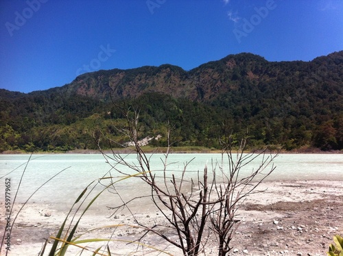 A View of Karaha White Crater or Kawah Karaha Bodas in the morning, known as an area of ​​natural gas utilization in Tasikmalaya West Java Indonesia photo
