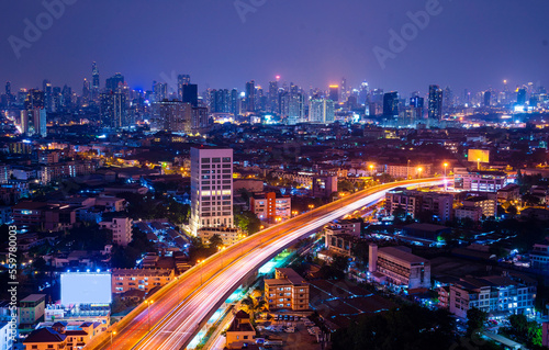 Freeway street at night, road through the city at the capital city of Bangkok, Thailand