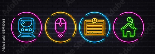 Metro, Parking garage and Scroll down minimal line icons. Neon laser 3d lights. Home icons. For web, application, printing. Transit journey, Automatic door, Mouse swipe. House building. Vector