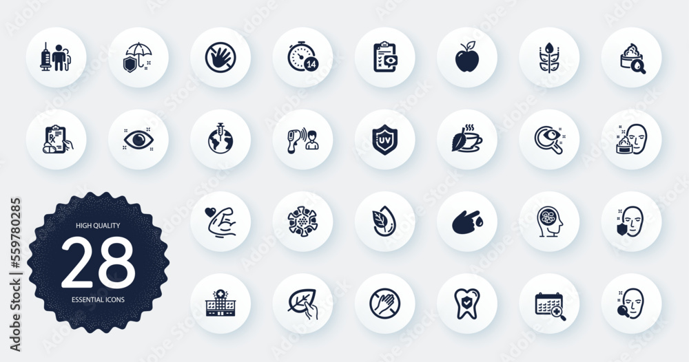 Set of Healthcare icons, such as Dental insurance, Quarantine and Prescription drugs flat icons. Pandemic vaccine, Organic tested, Stress web elements. Electronic thermometer, Health eye. Vector Set of Healthcare icons, such as Dental insurance, Quarantine and Prescription drugs flat icons. Pandemic vaccine, Organic tested, Stress web elements. Electronic thermometer, Health eye. Vector