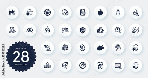 Set of Healthcare icons, such as Dental insurance, Quarantine and Prescription drugs flat icons. Pandemic vaccine, Organic tested, Stress web elements. Electronic thermometer, Health eye. Vector