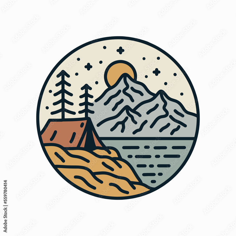 Fototapeta premium Nature camping under starry night in mono line art design for badge, sticker, patch, t shirt design, etc