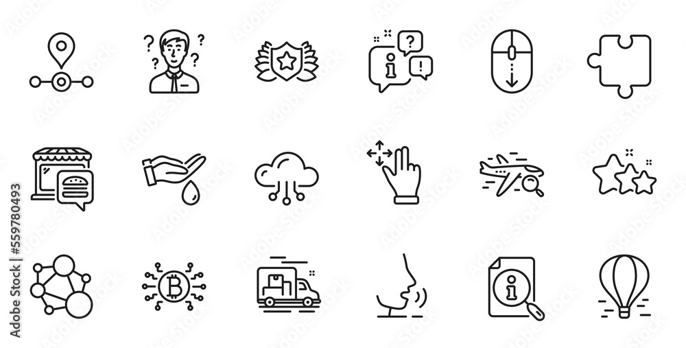 Outline set of Laureate, Support consultant and Scroll down line icons for web application. Talk, information, delivery truck outline icon. Include Search, Station, Wash hands icons. Vector