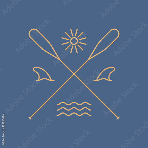 simply four element of waves, shark, canoe and sun divided by canoe paddle in mono line art for badge, sticker, t shirt apparel, etc