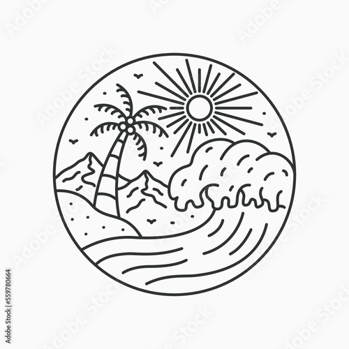 The waves and coconut tree mono line art for design t-shirt, badge, sticker, etc