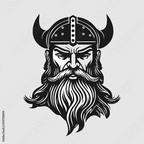 Viking's face in a helmet with horns. Scandinavian warrior logo design. Vector illustration