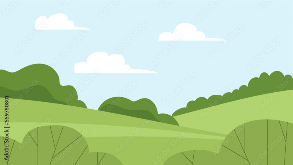 Summer landscape of nature. Panorama with green forests, fields and blue sky with clouds. Rural scener. Cartoon animation. Video motion Summer landscape of nature. Panorama with green forests, fields and blue sky with clouds. Rural scener. Cartoon animation. Video motion