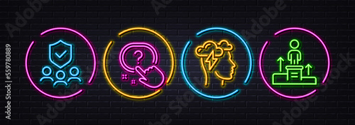 Question button, Security agency and Mindfulness stress minimal line icons. Neon laser 3d lights. Business podium icons. For web, application, printing. Quiz, Body guard, Cloud storm. Vector