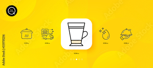 Latte, Water drop and Restaurant food minimal line icons. Yellow abstract background. Food delivery, Boiling pan icons. For web, application, printing. Vector