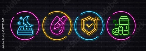 Eye drops, Shield and Mattress minimal line icons. Neon laser 3d lights. Medical drugs icons. For web, application, printing. Pipette, Safe secure, Night bed. Medicine bottle. Vector
