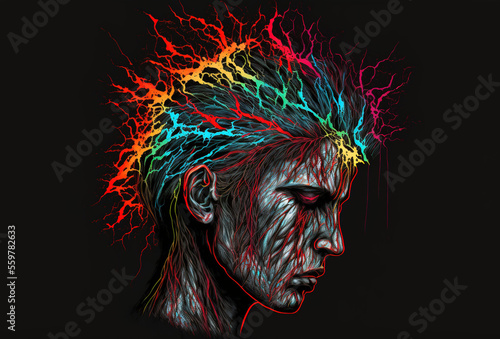 Pain: migraine and headaches overcoming, brain suffering, person isolated in her pain. Fantasy illustration of headaches. Illustration, generated AI