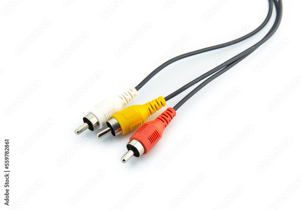 Audio video cable RCA jack For AV receiver Spot blur isolated on white background Audio video cable RCA jack For AV receiver Spot blur isolated on white background