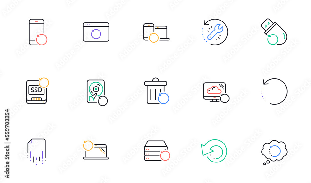 Recovery line icons. Backup, Restore data and recover file. Laptop renew, drive repair and phone recovery icons. Linear set. Bicolor outline web elements. Vector Recovery line icons. Backup, Restore data and recover file. Laptop renew, drive repair and phone recovery icons. Linear set. Bicolor outline web elements. Vector