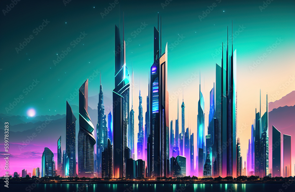 Fototapeta premium Future smart city landscape concept. Skyscrapers in abstract panoramic bright night futuristic metropolis. Generative AI