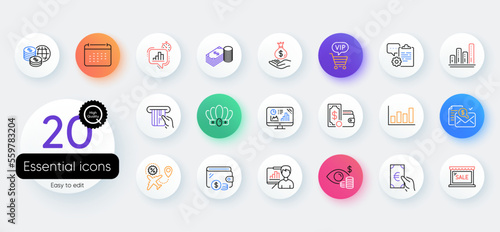 Simple set of Business vision, Accounting report and Calendar line icons. Include Analytics graph, Wallet money, Savings icons. Credit card, Presentation board, Clipboard web elements. Vector