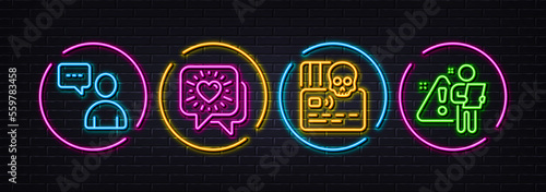 Friends chat, Cyber attack and Users chat minimal line icons. Neon laser 3d lights. Search employee icons. For web, application, printing. Friendship, Card hacking, Communication concept. Vector