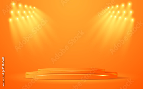 Orange podium with gold lines and spotlights shining down for product presentation. Display of cosmetic products. vector illustration	