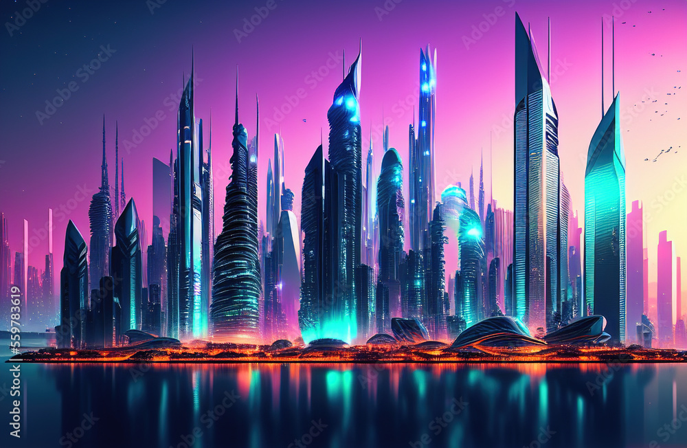 Future smart city landscape concept. Skyscrapers in abstract panoramic bright night futuristic metropolis. Generative AI