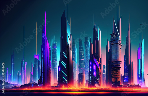 Future smart city landscape concept. Skyscrapers in abstract panoramic bright night futuristic metropolis. Generative AI