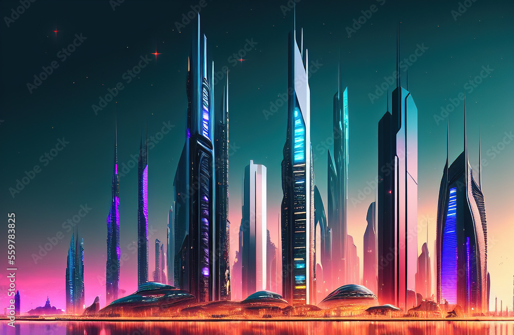 Fototapeta premium Future smart city landscape concept. Skyscrapers in abstract panoramic bright night futuristic metropolis. Generative AI