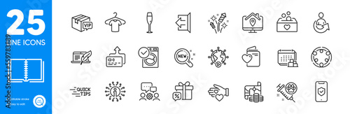 Outline icons set. Book, Video conference and Delivery icons. Phone protection, Volunteer, Sign out web elements. Dog vaccination, Education, Card signs. T-shirt, Treasure map, Donation. Vector
