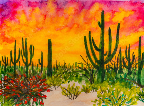 Saguaro National Park in Arizona, Sunset in Sonoran Desert. Watercolor Painting. photo