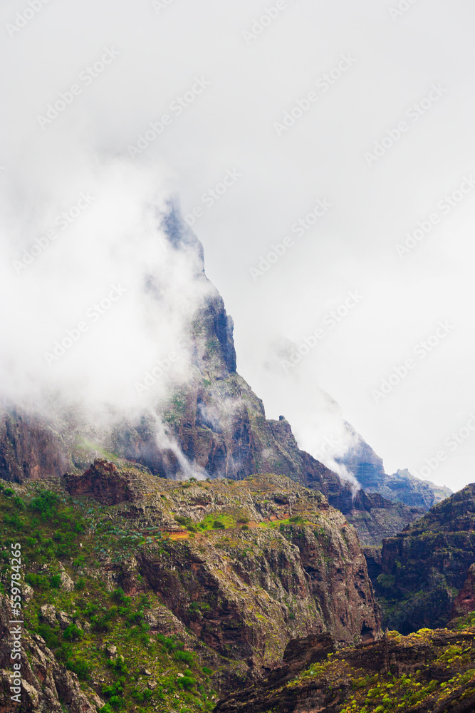 Nebelverhangene Felsen des Teno Gebirge  beim Dorf Masca,Teno Gebirge, Teneriffa, Kanarische Inseln, Spanien,