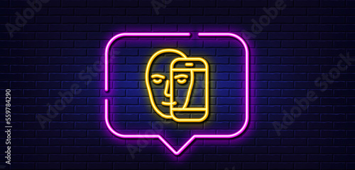 Neon light speech bubble. Face biometrics line icon. Facial recognition by phone sign. Head scanning symbol. Neon light background. Face biometrics glow line. Brick wall banner. Vector
