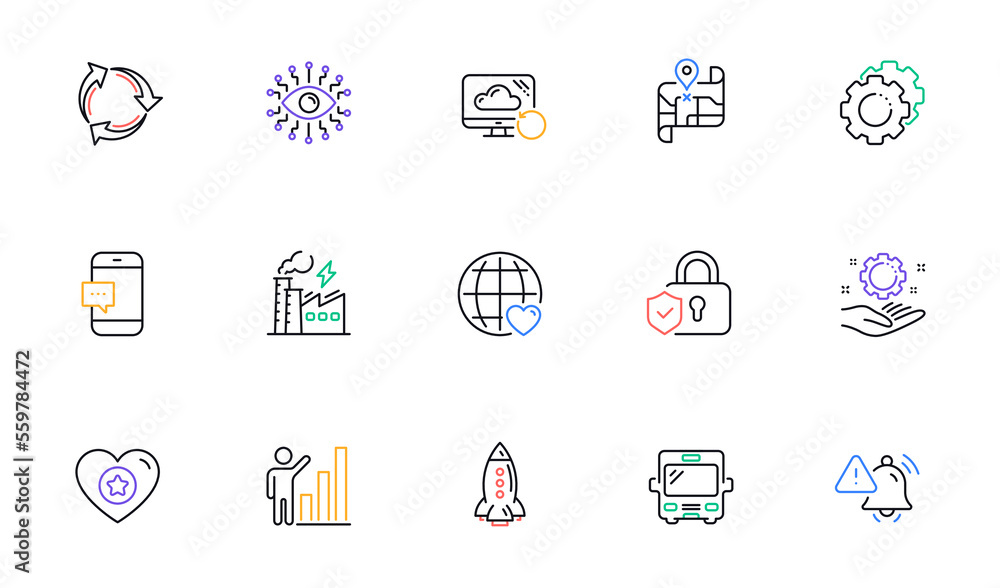 Rocket, Artificial intelligence and Bus line icons for website, printing. Collection of Recovery cloud, Attention bell, Employee hand icons. Settings gears, Smartphone message. Vector Rocket, Artificial intelligence and Bus line icons for website, printing. Collection of Recovery cloud, Attention bell, Employee hand icons. Settings gears, Smartphone message. Vector