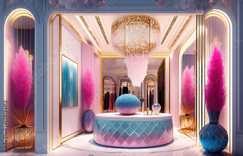 Stunning luxury store window display with pink and blue hanging crystals on back wall, Stunning Lavish apartment interior design . Generative AI photo
