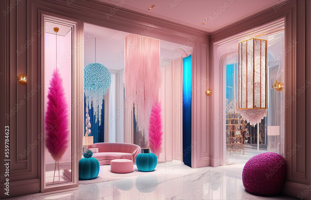 Stunning luxury store window display with pink and blue hanging crystals on back wall, Stunning