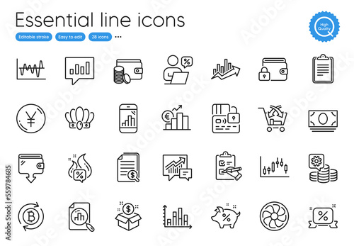Discounts ribbon, Accounting and Stock analysis line icons. Collection of Wallet, Euro rate, Payment method icons. Financial documents, Loan percent, Analytical chat web elements. Vector