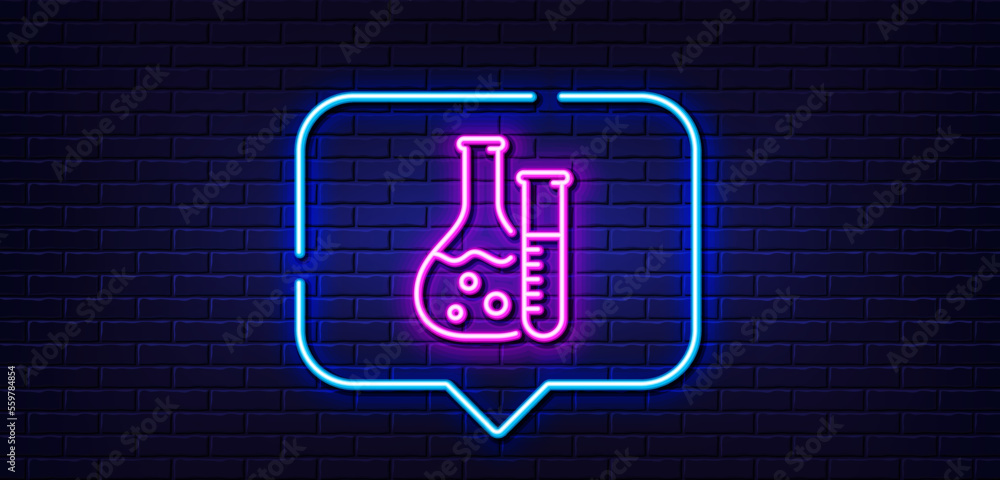 Neon light speech bubble. Chemistry lab line icon. Laboratory flask sign. Analysis symbol. Neon light background. Chemistry lab glow line. Brick wall banner. Vector Neon light speech bubble. Chemistry lab line icon. Laboratory flask sign. Analysis symbol. Neon light background. Chemistry lab glow line. Brick wall banner. Vector