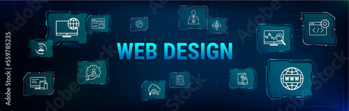 Concept banner web design with icon of a plan, code, build, test, release, deploy, monitor. Create software and applications. Website programming or coding. Vector illustration.