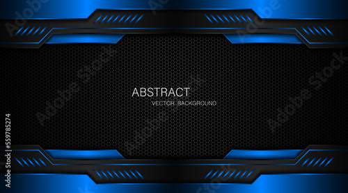 Abstract black and blue polygon with blue glow lines on dark steel mesh background with free space for design. modern technology innovation concept background	